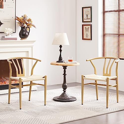 Yaheetech Weave Dining Chairs Weave Arm Chairs Set of 4 Mid-Century Modern Chair Dining Room Chairs Metal Frame Accent Chair Rattan Dining Chairs Weave Hemp Seat, Wood Color Yaheetech