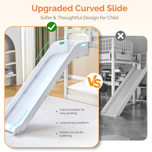 JOYMOR Bunk Bed with Curved Slide, Low Bunk Bed Twin Over Twin, Bunk Bed with Slide and Angled Ladder, Solid Pine Wood Slide Bed,14" Safety Guardrail, Anti-Slip Steps JOYMOR