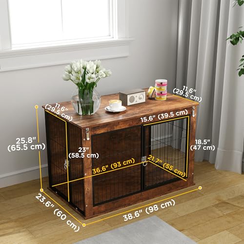 PawHut 39" Dog Crate Furniture with Flip-up Top Opening, Decorative Dog Kennel Furniture Side Table with 2 Doors for Large Breeds, Rustic Brown PawHut