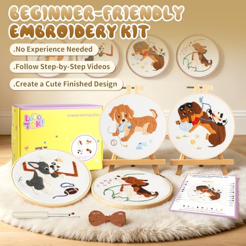 4 Pack Beginner Embroidery Kits for Adults DIY Starter Kit with,cross stitch kits for beginners,Stamped Patterns,Embroidery Hoop,Colorful Threads,Tools,Step by Step Instructions & Video Tutorial