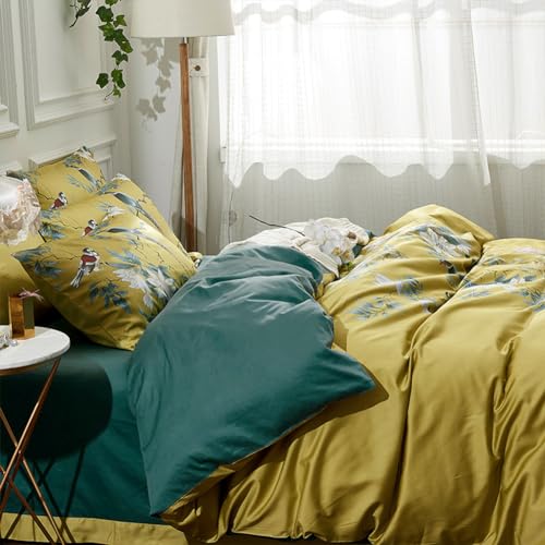 mixinni Duvet Cover Set King Size Bird Flower Pattern Soft Long Staple Cotton Floral Bedding Comforter Cover Set with Zipper Ties for Women and Men, Ultra Soft, Breathable, Easy Care-King Size mixinni