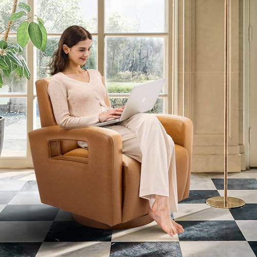 COLAMY Swivel Accent Chair Set of 2, Faux Leather Armchair with Solid Wood Base, Square Back and Soft Cushions for Living Room, Bedroom, Home Office, Small Spaces, Lightbrown COLAMY