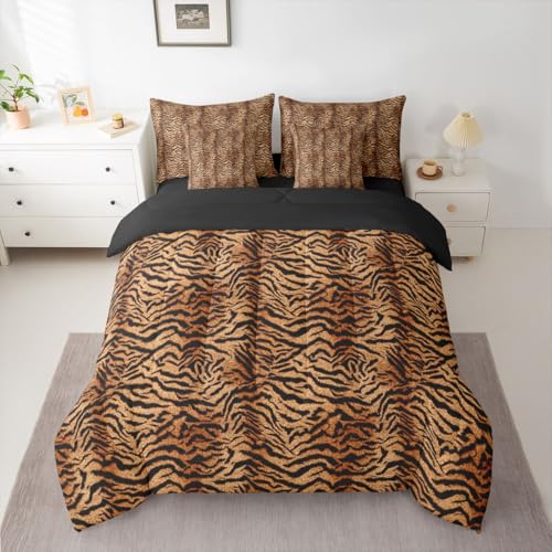 Erosebridal Brown Tiger Print Queen Comforter Set for Women Men Adults - Simulated Animal Fur Printed Wild Tiger Fur Print 7-Piece Bedding Set Tigerish Animal Printed Quilt Duvet Sets Erosebridal