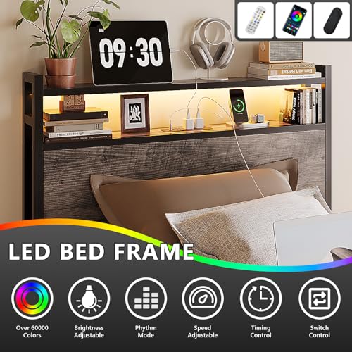 VINGLI Twin Platform Set of 2 with 4 Storage Drawers and Headboard Shelf, Metal Single Bed Frame with LED Lights and Charging Station, No Box Spring Needed, Easy Assembly, Wash Grey VINGLI