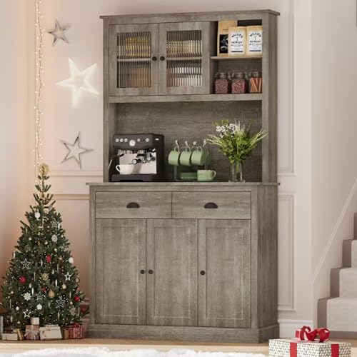 GarveeHome Pantry Cabinet with Drawers and Adjustable Shelves, 71" Tall Freestanding Kitchen Cabinet with Microwave Stand, Kitchen Hutch for Dining Room, Rustic Grey GarveeHome