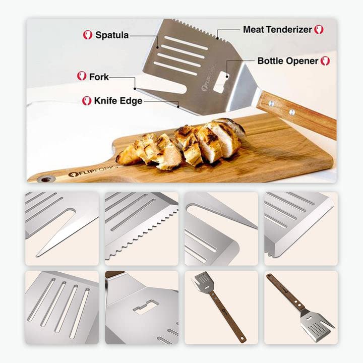 FlipFork Boss - 5 in 1 Grill Spatula with Knife, Fork, Bottle Opener and Turner BBQ Tools. All in One Grill Accessories Set for Outdoor Grills. 18 inch Grilling Accessories BBQ Set FLIPFORK