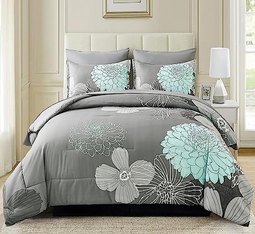 Yiran California King Comforter Set Grey Floral Comforter for All Season Cal King Soft Microfiber Bedding Set,7 Pieces,104"x96" Yiran