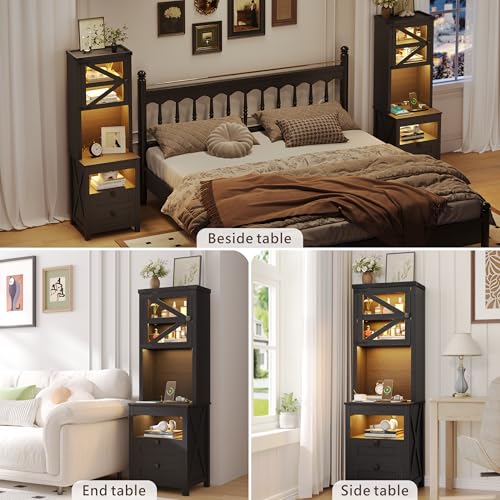 HWB Tall Night Stand with Charging Station and LED Lights, Farmhouse Nightstand with Gun Drawer&Adjustable Shelf, Bedside Table with 3 Drawers for Bedroom, Black HWB