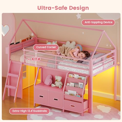 ADORNEVE Low Loft Bed Twin Size with Bookshelf, Reading Nook, LED Kids Loft Bed with 3 Drawers, Under-Bed Play Space, House Loft Beds with Safety Guardrail, Inclined Ladde & Play Curtain, Pink ADORNEVE