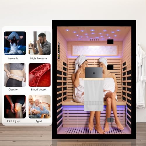 OUTEXER 2 Person Infrared Sauna Room Far Infrared Saunas Home Canadian Hemlock Indoor 2100W Low-EMF Dry Saunas with Oxygen Bar 7 Color Therapy 53.1 * 47.2 * 74.8inch OUTEXER