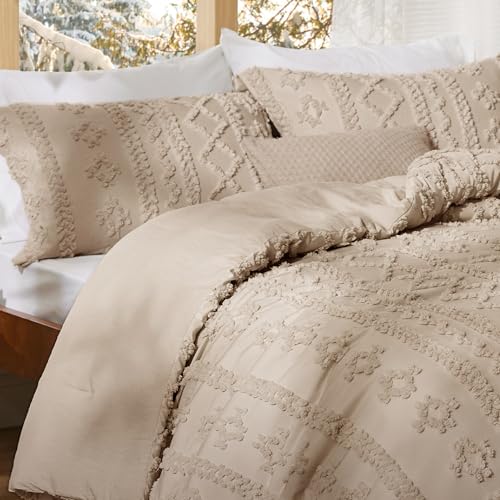Bedsure Tufted Boho Comforter Set Twin Size - Khaki Boho Bed Set, GentleSoft™ 2 Pieces Farmhouse Shabby Chic Embroidery Bedding, Gifts for Woman, Soft Jacquard Twin Comforter for All Seasons Bedsure