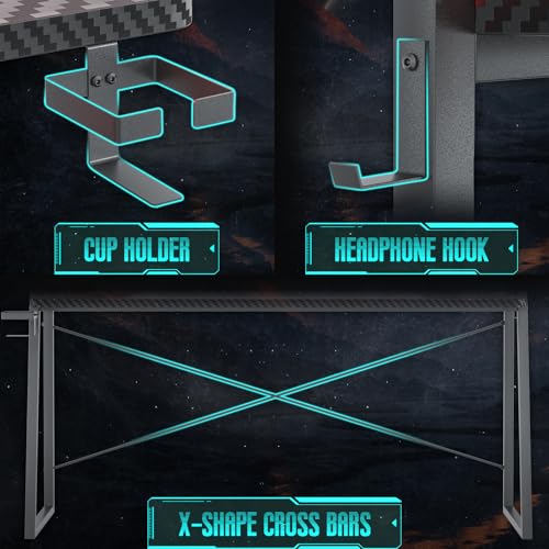 Besiost Gaming Desk with Hutch and LED Lights, Gaming Computer Desk with Power Outlets, Gamer Desk with Storage Shelves, PC Game Desks with Pegboards, for Bedroom, Carbon Fiber Black, 49" Besiost