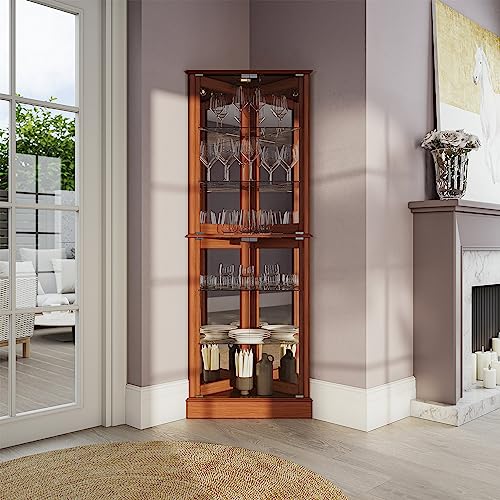 BELLEZE Lighted Accent Corner Display Curio Cabinet with Tempered Glass Doors and Shelves, Classic Wood Cabinet with Bulb, Corner Curio Storage Rack BELLEZE
