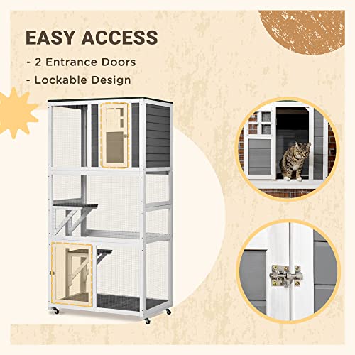 PawHut 74" Wooden Catio Outdoor Cat House Weatherproof & Wheeled, Outside Cat Enclosure with High Weight Capacity, Kitten Cage Condo, Gray PawHut