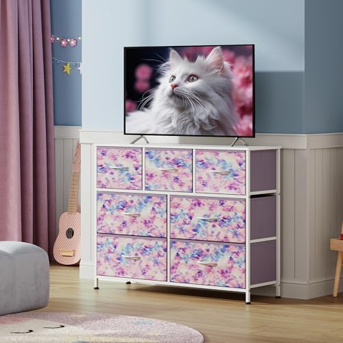 WLIVE 7 Drawer Dresser TV Stand, Entertainment Center, Media Console Table with Metal Frame and Wood Top for TV up to 46 inch, Chest of Drawers for Bedroom, Living Room, Tie-dye Purple Print WLIVE