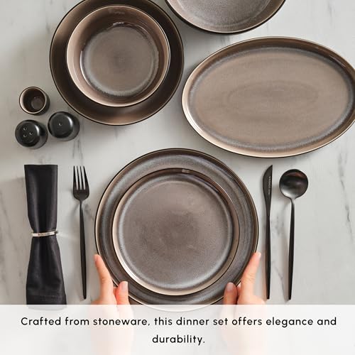 Karaca Mercure 59 Piece Stoneware Plates and Bowls Set, Reactive Glaze Black Dinner Set, Complete Kitchen Tableware Collection, Ideal Dinnerware for 12 People Dining Experience, Dishwasher Safe KARACA