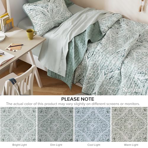 Comfort Spaces Boho Quilt Set Twin Reversible Vermicelli Quilting Twin Size Bed, All Season, Lightweight, Coverlet Winter Layer Bedding, Shams, Gloria, Twin/Twin XL Green 2 Piece Comfort Spaces