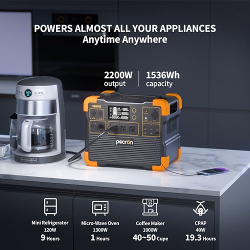 pecron Portable Power Station, E1500LFP Solar Generator 1536Wh, 2200W LiFePO4 Battery Backup, Fast Charging Power Station for Home use, RV, and Outdoor Camping pecron