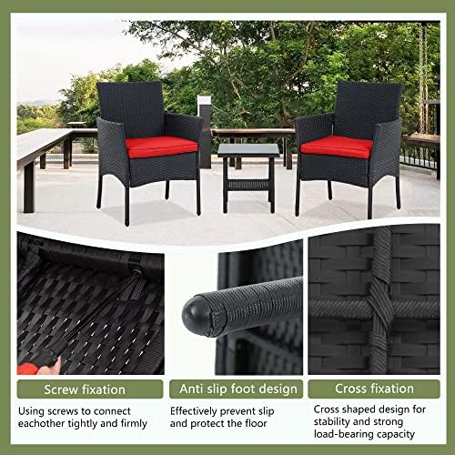 Ruesleag Patio Furniture 3 Pieces Outdoor Wicker Patio Furniture Conversation Set Patio Set Bistro Table Set for Backyard Porch Poolside Garden Balcony Lawn,Glass Coffee Table &RattanChairs Set,Red Ruesleag