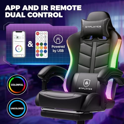 GTPLAYER RGB Gaming Chair with Footrest, Computer Gaming Chair with LED Lights for Adults, Height Adjustable PC Gamer Chair with 90-155° Recline & Removable Headrest Lumbar Support, RGB Black GTPLAYER