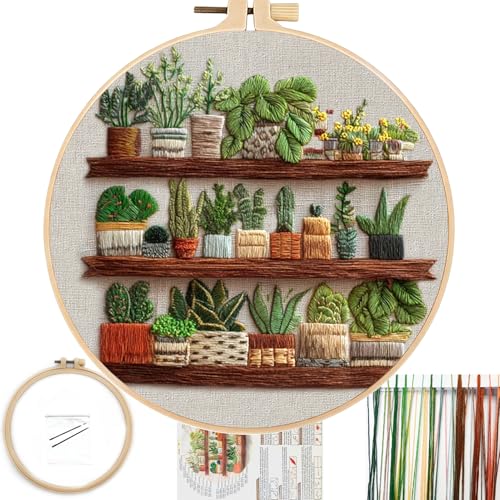 FONNUY Green Plant Embroidery Kit, Petite Potted Plants Patterns, Cross Stitch Kits for Adults and Beginners, Handmade Crafts with Printed Pattern Set, Thread Needlework, 8'' Hoop (Greeen A02)