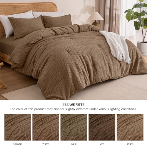 PHF Soft Waffle Comforter Set Queen Size- Comfy Breathable Waffle Weave Comforter with 2 Pillow Shams, 3 Pieces Less Snagging Lightweight Textured Bedding Set for All Season, Mocha/Cocoa Brown PHF