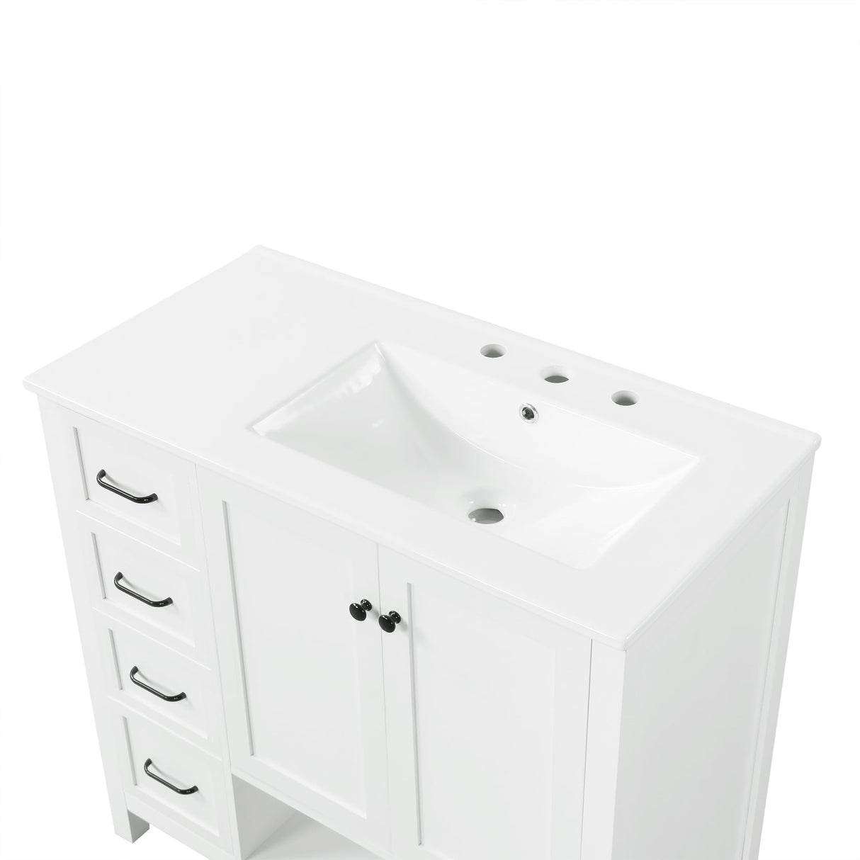 Merax 36" Bathroom Vanities Cabinet with Right Side Sink, Multi-Functional Drawers, Two Soft Closing Doors, Open Shelf, White Merax