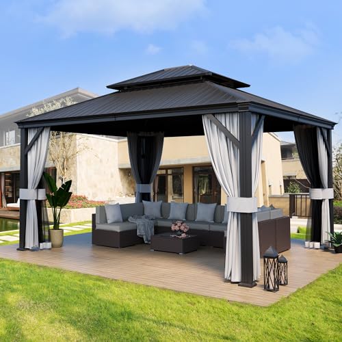 PAMAPIC 12'x14' Hardtop Gazebo, Double Roof Canopy with Netting and Curtains,2-Tier Hardtop Gazebo with Galvanized Iron Aluminum Frame, GardenTent for Backyard, Parties, Garden, Black Pamapic