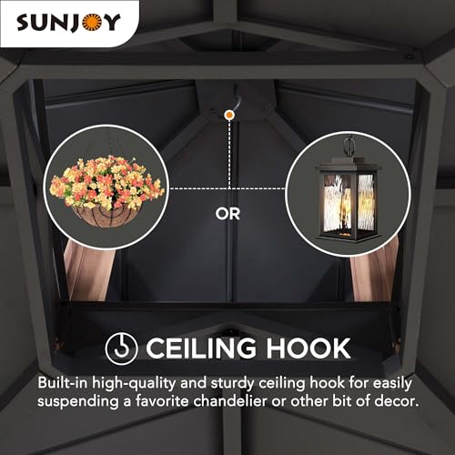 Sunjoy 12.5 x 12.5 ft. Hardtop Gazebo Outdoor Cedar Frame Wood Gazebo with Steel 2-Tier Hardtop Roof and Ceiling Hook, Black by SummerCove Sunjoy