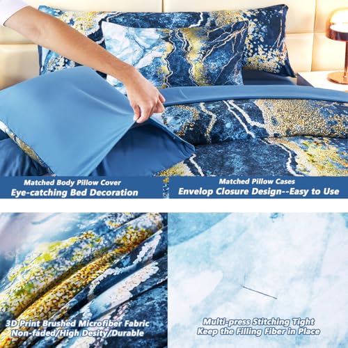 PERFEMET 6 Piece Blue Comforter Set Full Bed in A Bag Set Aesthetic Capri Blue and Gold Marble Bedding Set with Sheets Soft Luxury Watercolor Burning Mountain Printed Bedroom Sets(Capri Blue, Full) PERFEMET