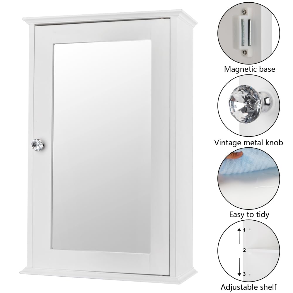 Bonnlo Bathroom Cabinet Wall Mount Mirrored Medicine Cabinet Storage Organizer with Single Door and 2 Adjustable Shelves White Bonnlo