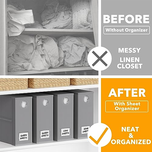 SpaceAid 4 Pack Bed Sheet Organizers and Storage, Foldable Organizer for Linen Closet, Sheets Set Folder Keeper with Window XL (Queen & King Size) Organizing Bedding Container, Gray 91ZDSN-SL01-G4 SpaceAid