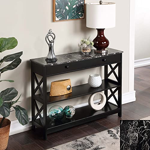 Convenience Concepts Oxford 1 Drawer Console Table with Shelves, Black Faux Marble/Black Convenience Concepts