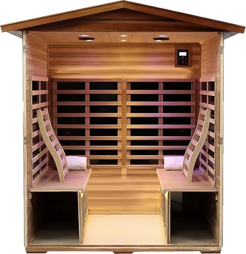 LTCCDSS Ultra-Low EMF Outdoor Mahogany Sauna 4 Person Far Infrared Sauna for Home EMF Average 0.5 mG, Withstand Outdoor Temp -10℉-149℉ Chromotherapy, Bluetooth Speaker LTCCDSS
