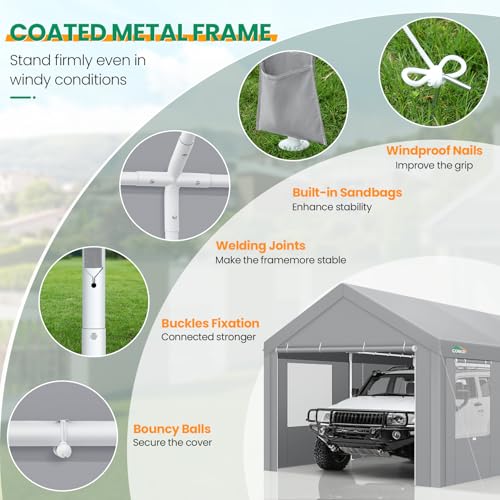 COBIZI Carport Canopy 12x20 Heavy Duty Portable Garage with Removable Sidewalls & Doors, Car Port Canopy Tent with Built-in Sandbags & All-Season Tarp for Car Boat Truck, Gray COBIZI