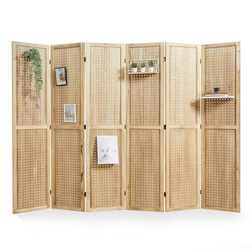 Pegboard Display, 5.6Ft Portable Freestanding Wall Organizer Wooden Room Divider Folding Privacy Screens for Craft Art Display Board (6panels, Natural) Svimi