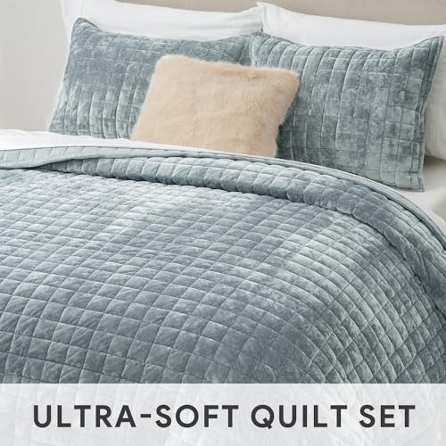 RECYCO Luxury Velvet Quilt Set King Size Bedding Sets, Ultra Soft Velvet Comforter Set, Lightweight Channel Box Stitch Oversized Bedspread Coverlet for All Season, with 2 Shams, Blue Linen RECYCO