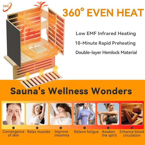 TO'GO 902GH Far Infrared Sauna for Home - 2 Person, Low EMF Heating Panel, Home Sauna 2 Person, Pre-Set Time and Temperature, Canadian Hemlock Wood Dry Sauna with Bluetooth TO'GO HI