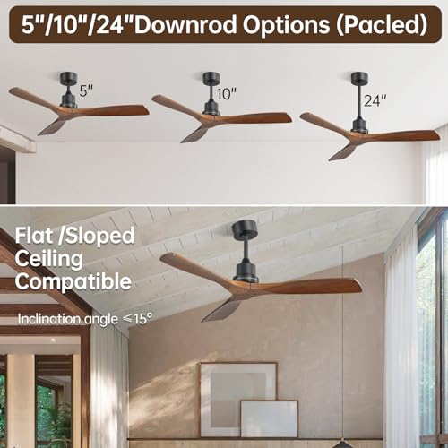 CACI Mall Wood Ceiling Fan no Light,Walnut,52" Ceiling Fan Without Light,with Remote,Solid Wood 3 Blade Ceiling Fans,Bedroom, Living Room, Farmhouse, Porch CACI Mall
