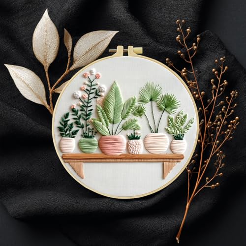 Embroidery Kit for Beginners & Adults,Green Plant Pattern Embroidery Kit Include Embroidery Cloth Hoops Threads for Craft Lover Hand Stitch with Embroidery Skill Techniques,Perfect Handmade Gift