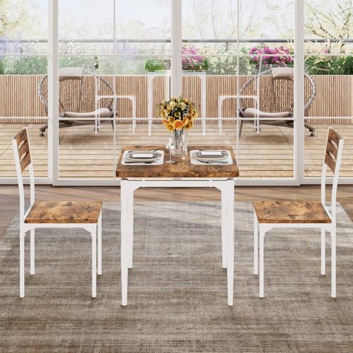 GarveeHome Dining Table Set for 2, Dining Table and Chairs Set of 2, 3 Piece Dining Table Set with Spiral Table Legs for Small Spaces, Kitchen, Apartment, White Brown GarveeHome