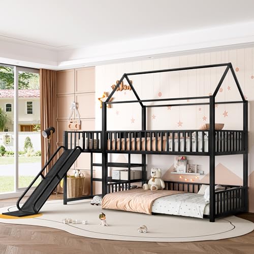 Bellemave Twin Over Twin Bunk Bed with Slide, Kids House Floor Bunk Bed with Storage Stairs and Full Length Guardrail, Heavy Duty Bunk Beds for Girls, Boys, Black Bellemave