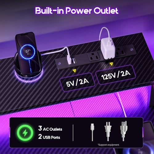 ODK 48 Inch Gaming Desk with LED Lights and Power Outlet, U-Shaped Computer Desk with Monitor Stand and Storage Shelves, PC Gamer Table for Home Office, Carbon Fiber Black ODK