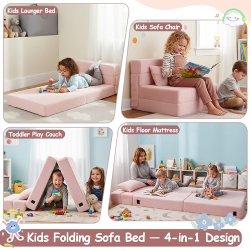 Tiita Folding Sofa Bed Floor Mattress for Kids, Toddler Washable Foldable Floor Nap Mat, Child Fold Up Sofa Futon Folding Chair Bed with Storage Bag for Girls Boys, Ball, Plush Pink Tiita