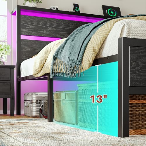 Homkdom King Size Bed Frame with LED Lights & Charging Station, King Bed Frame and Headboard,Metal Bed Frame King Size Heavy Duty,13" Under Bed Storage,No Box Spring Needed, No Noise,Modern Black Homkdom
