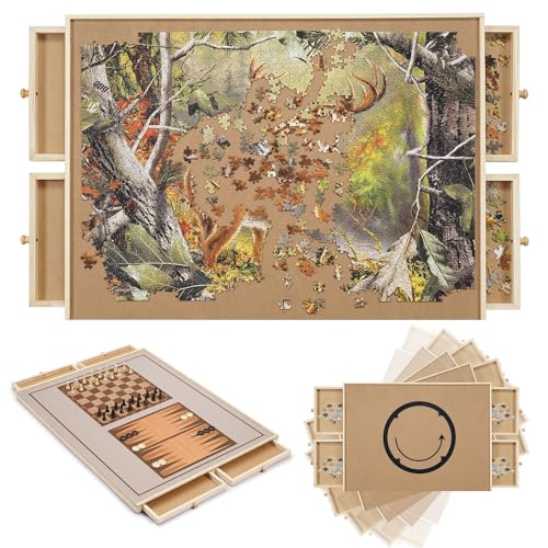 Redipo 1500 Pieces Wooden Puzzle Board, Puzzle Table with 4 Drawers, 36" x 25" Portable Lazy Susan Spinning Puzzle Boards with Cover Mat and Chess Set, Rotating Puzzle Tables for Adults and Kids Redipo