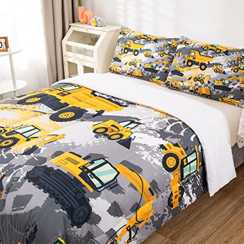 Feelyou Kids Construction Comforter Set Twin Bedding Sets for Boys Toddler Children Cartoon Cars Excavator Tractor Comforter Set Construction Machinery Truck Duvet Set Cars Bed Set with 1 Pillow Case Feelyou