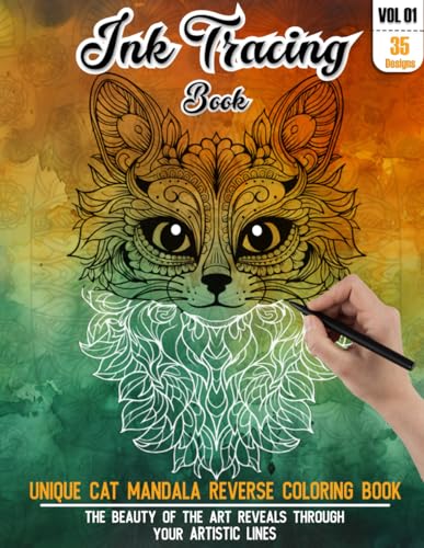 Ink Tracing Book: Stress relief reverse Coloring Book for adults: mindfully Follow white lines to Uncover 35 cute cat mandala arts |Magical Ink Trace ... colour pages a perfect gift for cat lovers WoodArtSupply