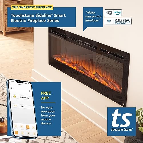 Touchstone Smart Electric Fireplace-The Sideline 50 Inch Wide-in Wall Recessed-30 Realistic Ember Color/Flame Options-1500W Heater w/Thermostat-Black- Log & Crystal Hearth Options -Alexa/WiFi Enabled Touchstone