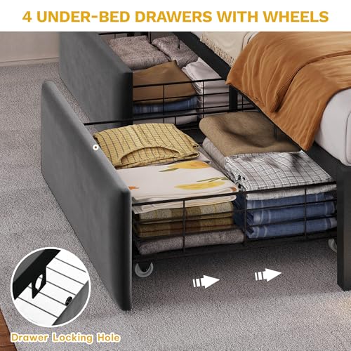 DWVO Queen Size Bed Frame with RGB LED Lights & Storage Bookcase Headboard, Upholstered Bed with Charging Station and 4 Drawers, No Box Spring Needed, Easy Assembly, Noise-Free, Velvet Grey DWVO